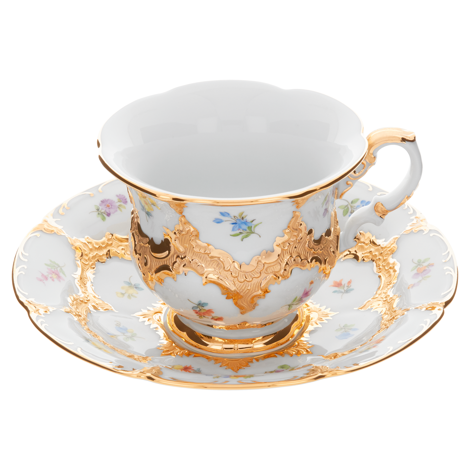 MEISSEN B-Form Gold Bronze Strewn Flowers Coffee Cup with Saucer