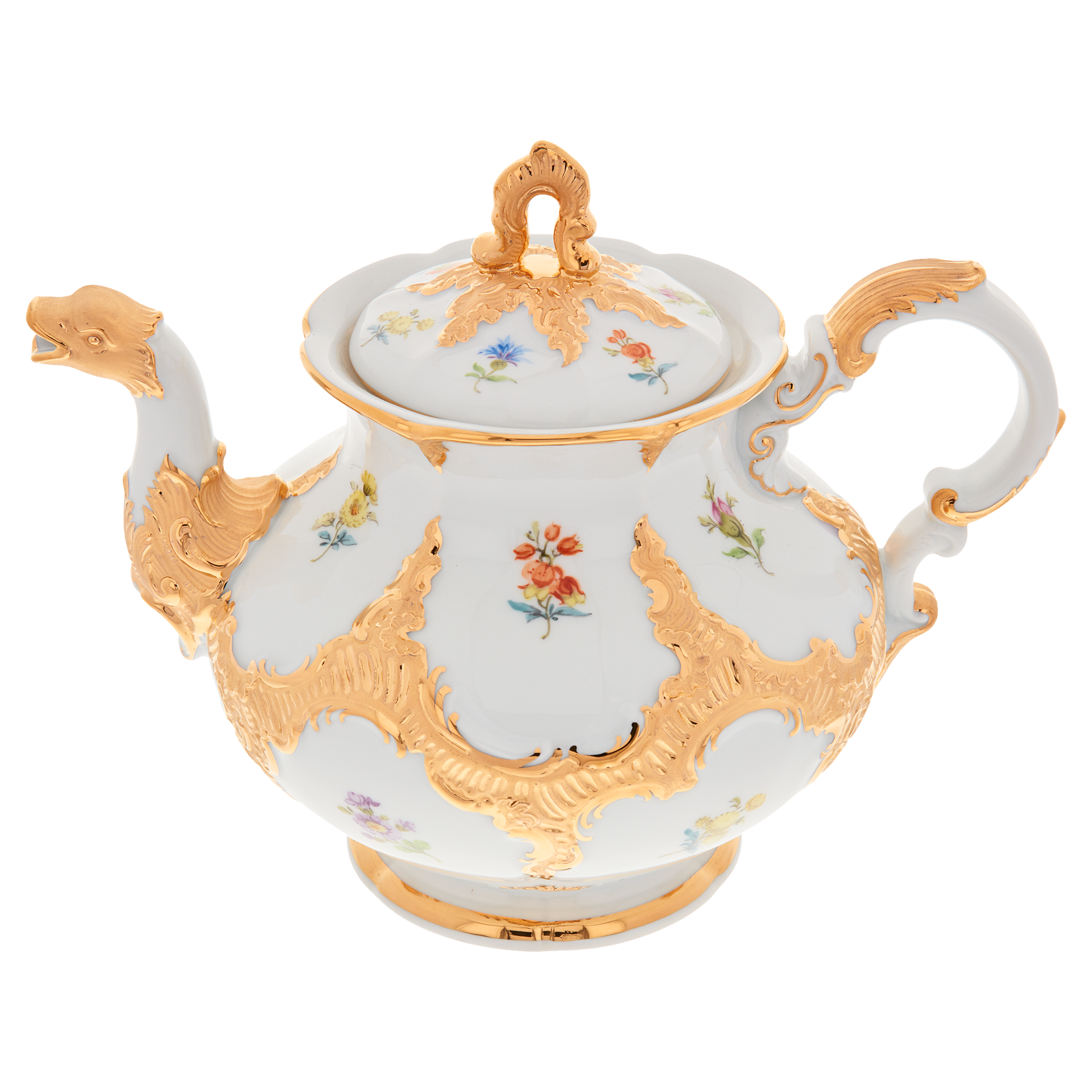 MEISSEN B-Form Gold Bronze Strewn Flowers Teapot