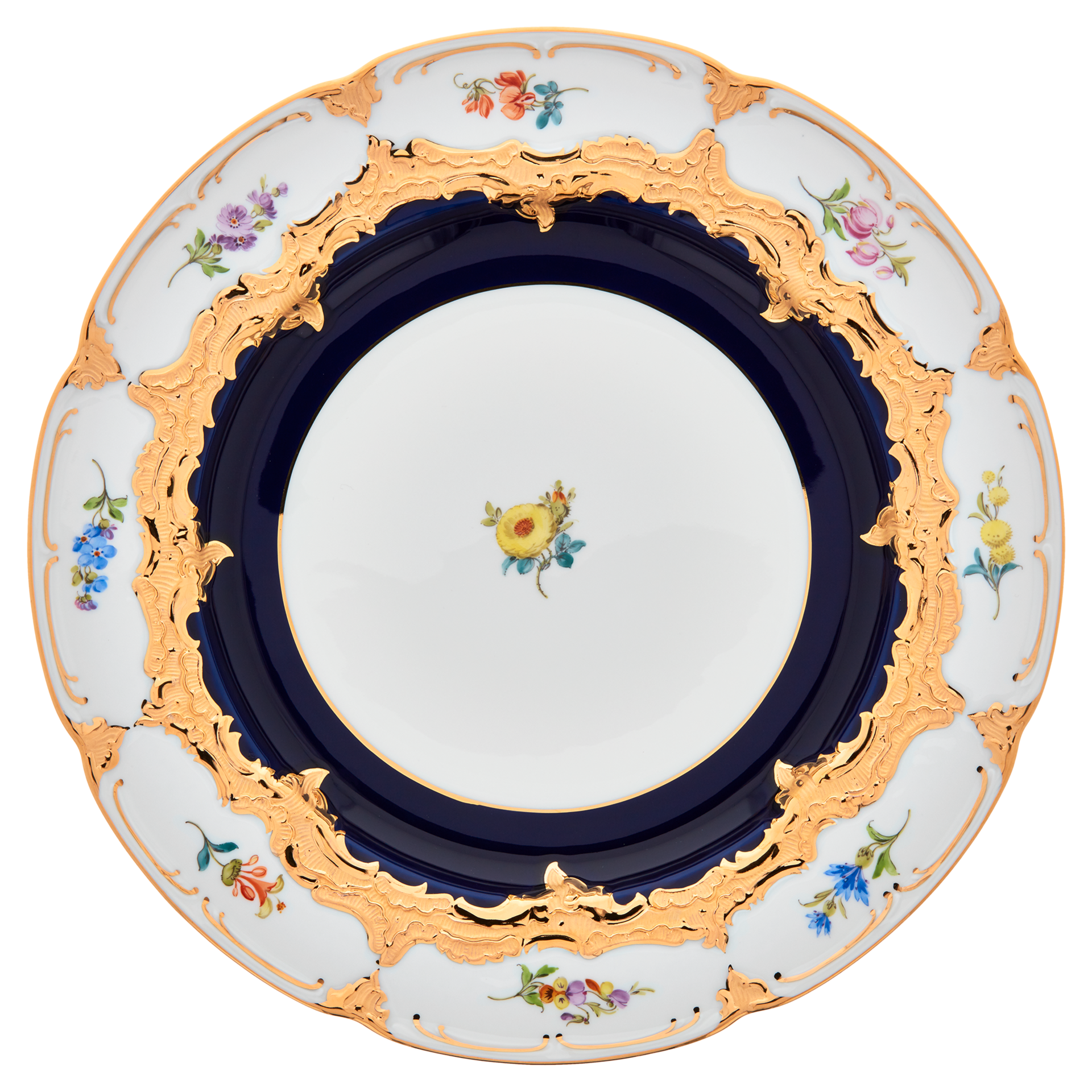 MEISSEN B-Form Royal Blue Gold Bronze Strewn Flowers Dinner Plate