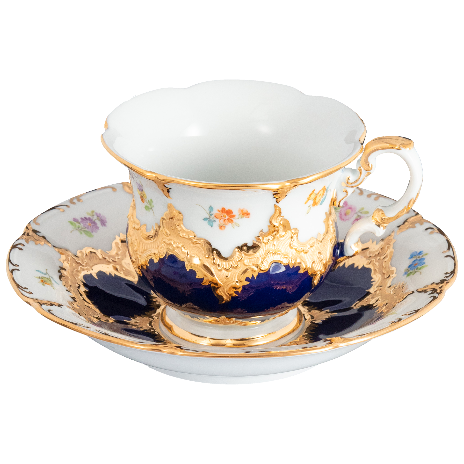 MEISSEN B-Form Royal Blue Gold Bronze Strewn Flowers Coffee Cup