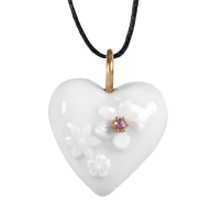 Pendant Heart with blossom relief and pink saphire, white, 2,5 x 2,1 cm