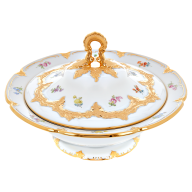 Bowl with lid, Shape "B-Form", Strewn flowers, gold (bronze coloured), light, V 1,2 l