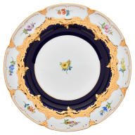 Dinner Plate, Shape "B-Form", strewn flowers, royal blue ground, bronze coloured, ø 28 cm