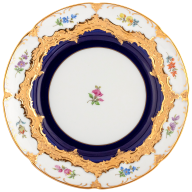 Starter- and Dessert Plate, Shape "B-Form", strewn flowers, royal blue ground, bronze coloured, Ø 20 cm