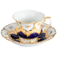 Coffee cup & saucer, Shape "B-Form", strewn flowers, royal blue ground, bronze coloured, V 0,16 l
