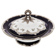 Bowl with lid, Shape "B-Form", Strewn Roses, white-grey, royal blue, shiny platinum, V 1,2 l