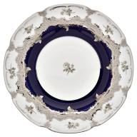 Dinner Plate, Shape "B-Form", Strewn Roses, white-grey, royal blue, shiny platinum, Ø 22 cm