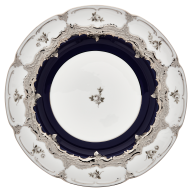 Dinner Plate, Shape "B-Form", Strewn Roses, white-grey, royal blue, shiny platinum, ø 28 cm