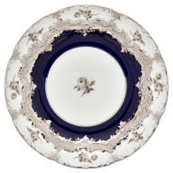 Bread- and Butter Plate, Shape "B-Form", Strewn Roses, white-grey, royal blue, shiny platinum, Ø 15,5 cm