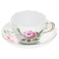 Coffee cup & saucer, Shape "New Cutout", Pink rose, gold rim, V 0,2 l