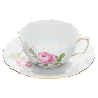 Tea cup & saucer, Shape "New Cutout", Pink rose, gold rim, V 0,2 l
