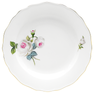 Starter- and Dessert Plate, Shape "New Cutout", White rose with purple centre, gold rim, Ø 20 cm
