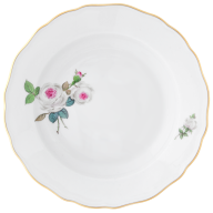 Starter- and Dessert Plate, Shape "New Cutout", White rose with purple centre, gold rim, Ø 18 cm