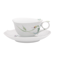 Tea cup & saucer, Shape "Waves Relief", Woodland flora with insects, white rim, V 0,15 l