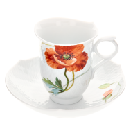 Coffee cup & saucer, Shape "Waves Relief", Wild poppy, red, white rim, V 0,15 l