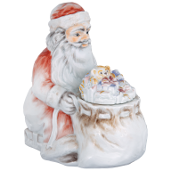 Santa Claus sitting, with sack, Coloured with gold, H 13,5 cm