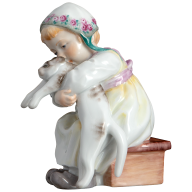 Hentschel child miniature, Child with cat, Coloured, hat with roses, H 9,5 cm