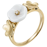 Ring Royal Blossom Bouquet, 3 Blossom S, 750 yellow gold, 1 porcelain blossom S, 1 brillant 0,02 ct, TW, VSI, full cut good, 2 gol