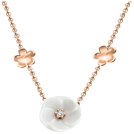 Necklace Royal Blossom Bouquet, 750 rose gold,  7 Blossoms XS/S/M, 1 porcelain blossom M,  1 brilliant 0,04 ct, TW, VSI, 2 porcela