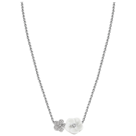 Necklace Royal Blossom Pavé, 750 white gold, 2 blossoms M/S pavé, 1 porcelain blossom M, 32 brilliants 0,184 ct, TW, VSI, full cut