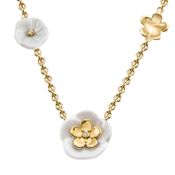 Necklace Royal Blossom Bouquet, 750 yellow gold, 3 Blossoms S/M/S, 1 porcelain blossom M, 1 brilliant 0,01 ct, TW, VSI, full cut g