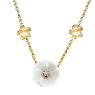 Necklace Royal Blossom Bouquet, 750 yellow gold,  7 Blossoms XS/S/M, 1 porcelain blossom M,  1 brilliant 0,04 ct, TW, VSI, 2 porce