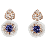 Earrings Royal Blossom Gem "Tanzanite Blue", 750 rose gold, 2 porceain blossoms S, 2 Tanzanite Blue á 0,30 ct and 42 brilliants  0