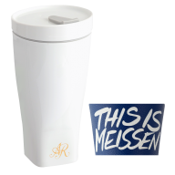 Coffee to go mug with porcelain lid and cuff, monogram, 2 letters, gold, Shape "nova", white, V 0,35 l