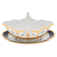 Gravy boat, Shape "B-Form", strewn flowers, royal blue ground, bronze coloured, V 0,45 l