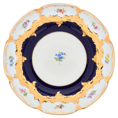 Dinner Plate, Shape "B-Form", strewn flowers, royal blue ground, bronze coloured, Ø 22 cm