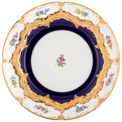 Starter- and Dessert Plate, Shape "B-Form", strewn flowers, royal blue ground, bronze coloured, Ø 20 cm