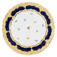 Charger Plate, Shape "B-Form", strewn flowers, royal blue ground, bronze coloured, Ø 33 cm