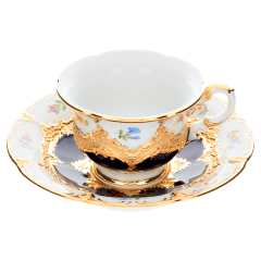 Espresso cup & saucer, Shape "B-Form", strewn flowers, royal blue ground, bronze coloured, V 0,1 l