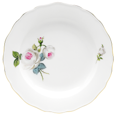 Starter- and Dessert Plate, Shape "New Cutout", White rose with purple centre, gold rim, Ø 20 cm