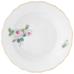 Starter- and Dessert Plate, Shape "New Cutout", White rose with purple centre, gold rim, Ø 18 cm