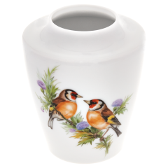 Vase, small, Shape "MEISSEN® Cosmopolitan", Bird painting, 3 goldfinchs on branch of thistle, H 13,5 cm
