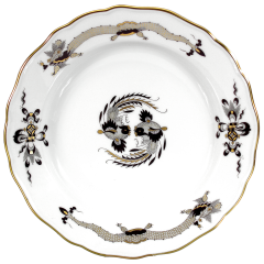 Starter- and Dessert Plate, Shape "New Cutout", Ornate dragon, black, gold accents, gold rim, Ø 20 cm