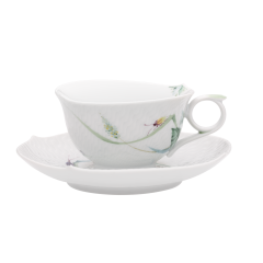 Tea cup & saucer, Shape "Waves Relief", Woodland flora with insects, white rim, V 0,15 l