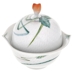 Sugar Bowl, Shape "Waves Relief", Woodland flora with insects, white rim, H 12,4 cm