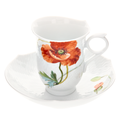 Coffee cup & saucer, Shape "Waves Relief", Wild poppy, red, white rim, V 0,15 l