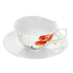 Tea cup & saucer, Shape "Waves Relief", Wild poppy, red, white rim, V 0,15 l