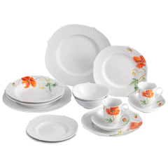 Starter set, 14-pcs for 2 persons, Shape "Waves Relief", Wild poppy, red, white rim