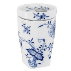 Coffee to go mug with porcelain lid, small, Shape "nova", Blue Onion "Style" cobalt blue, white rim, V 0,35 l