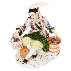 Asian man with two baskets, Coloured with gold, H 11 cm