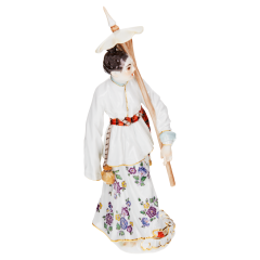 Asian woman with parasol, Coloured with gold, H 18 cm