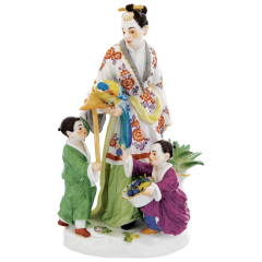 Asian woman w.two children, Coloured with gold, H 16 cm