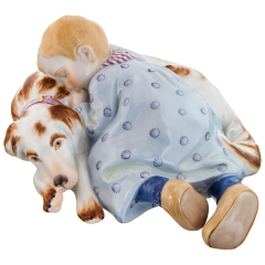 Child sleeping on dog, Coloured with gold, H 7,5 cm