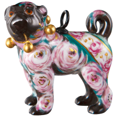 Dog Pug pendant, Black with rose decoration, golden clamps, H 3,4 cm