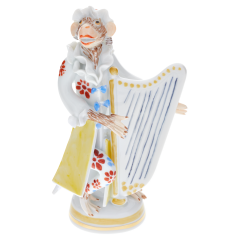 Monkey Orchestra Female Harpist, Blue and Red decorated, H 10,5 cm