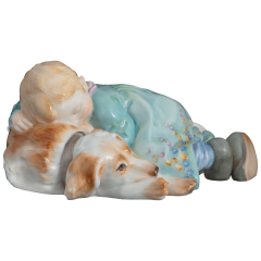 Hentschel child miniature, Child with dog, Coloured with board of flowers, L 11 cm